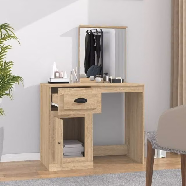 Berkfield Home Durable Dressing Table with Mirror in Light Oak, W/D/H: 90 x 50 x 132.5 cm – 1