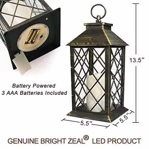 Bright Zeal 2 Piece Black and Gold Decorative Metal and Glass Candle Lanterns with Flicker Effect – 7