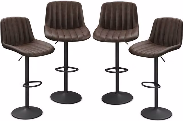URBNLIVING Set of 4 Ribbed Brown PU Leather Bar Stools with Backrest and Footrest