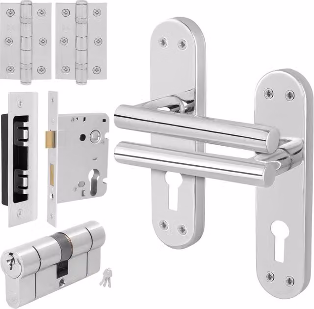 AFIT Polished Chrome T-Bar Door Handle with Euro Lock, Double Cylinder and Hinges, Silver – 1
