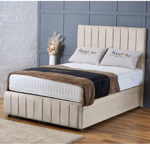 BSSPOKE Sierra Ottoman Divan Bed in Beige Plush Velvet with 54 inch Headboard, W/D/H: 180 x 200 cm – 1