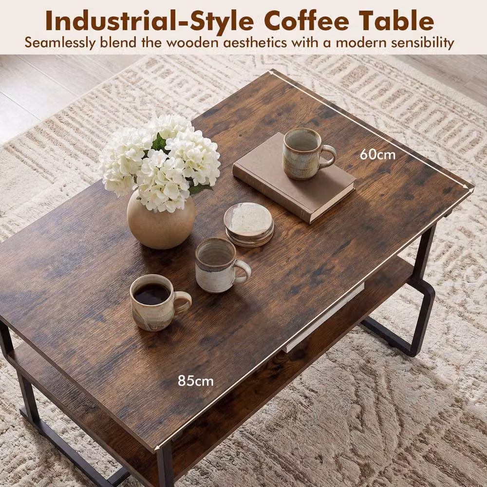 Gymax Industrial Double Tier Rectangular Coffee Table in Brown – 7