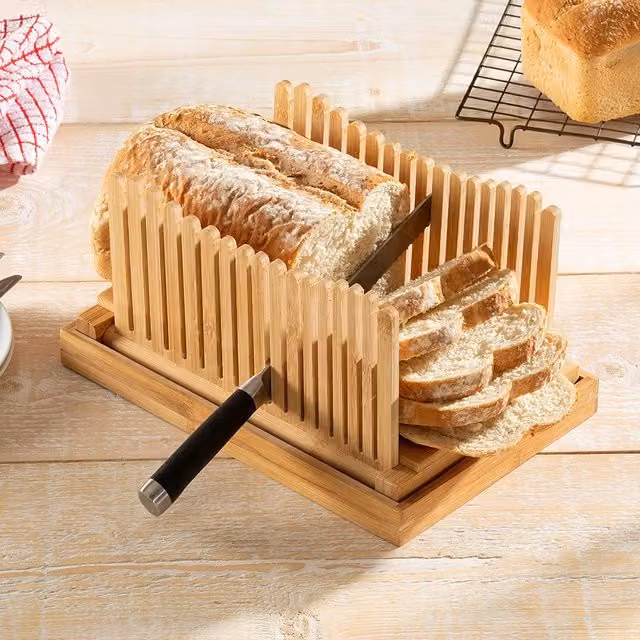 Homiu Bamboo Deluxe Bread Slicer with Container, Brown