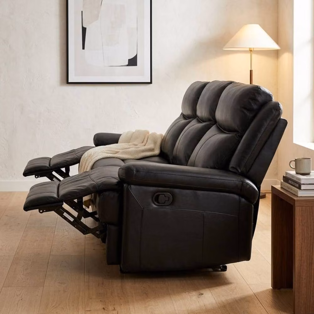 Home Luxe Interior Casper Black Leather 3 Seater Manual Recliner Sofa with Cup Holders W/D/H: 200 x 95 x 75 cm – 5
