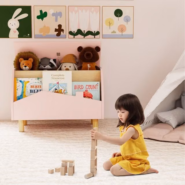 Costway Pink Childrens Toy Storage Chest and Bookcase