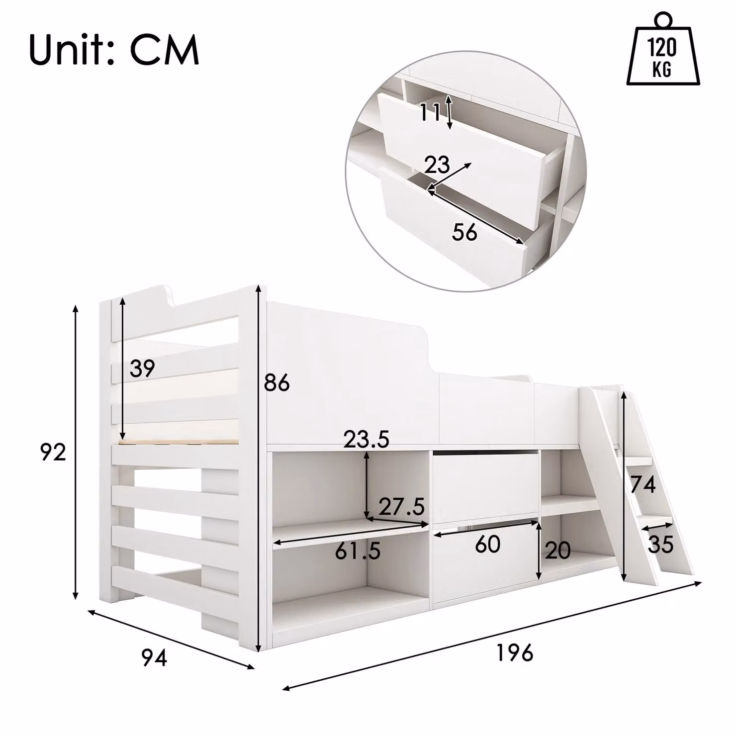 Matteo Mid Sleeper Cabin Bed Frame with Storage Drawers, Solid Wood, White, W/D/H: 90 x 190 cm – 2