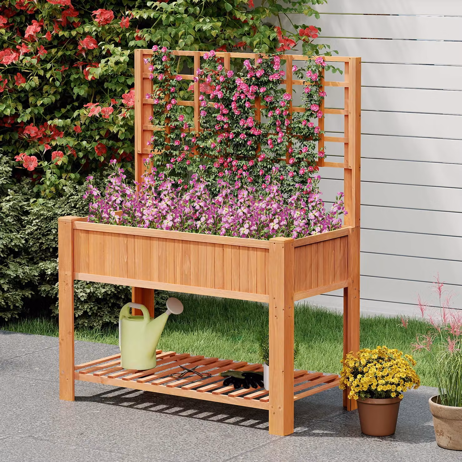 Gymax Wooden Elevated Planter Box with Trellis and Shelf in Brown, W/D/H: 150 x 59 x 109 cm – 4