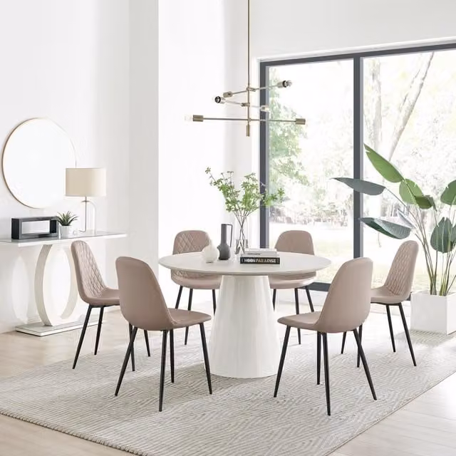 FurnitureboxUK Palma Beige Stone Effect Round Dining Table and 6 Corona Black Leg Chairs in Cappuccino