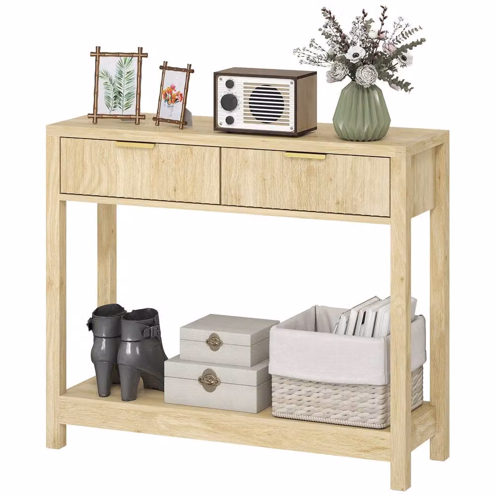 STILVORA Scandinavian Style Console Table with 2 Drawers and Shelf in Brown Wood Finish – 2