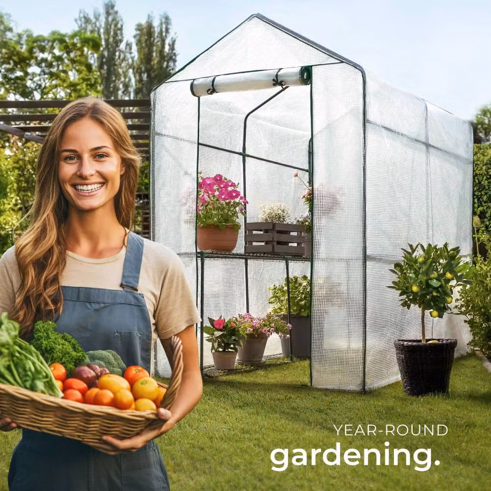 tectake Greenhouse with 4 Shelving Levels and Tarpaulin Cover, White, W/D/H: 186 x 120 x 190 cm – 6