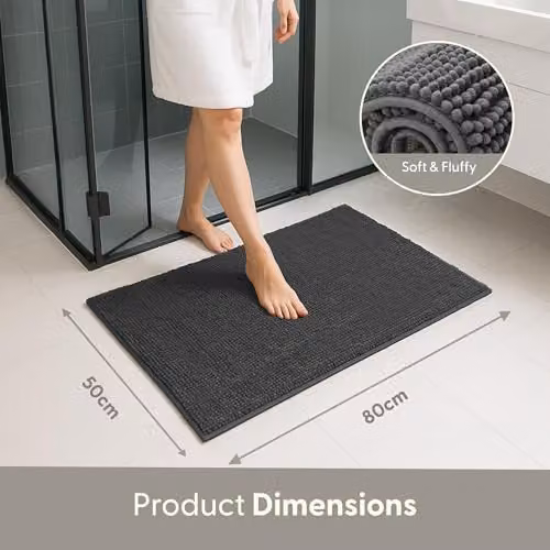 Keplin Non-Slip Microfibre Chenille Bath and Toilet Mat, Grey, W: 50 cm, D: 80 cm – 8