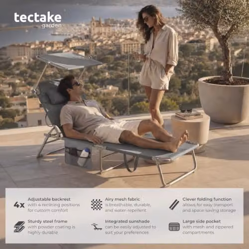 tectake Set of 2 Folding Sun Loungers in Grey, H x W x D: 111 x 68 x 190 cm – 3