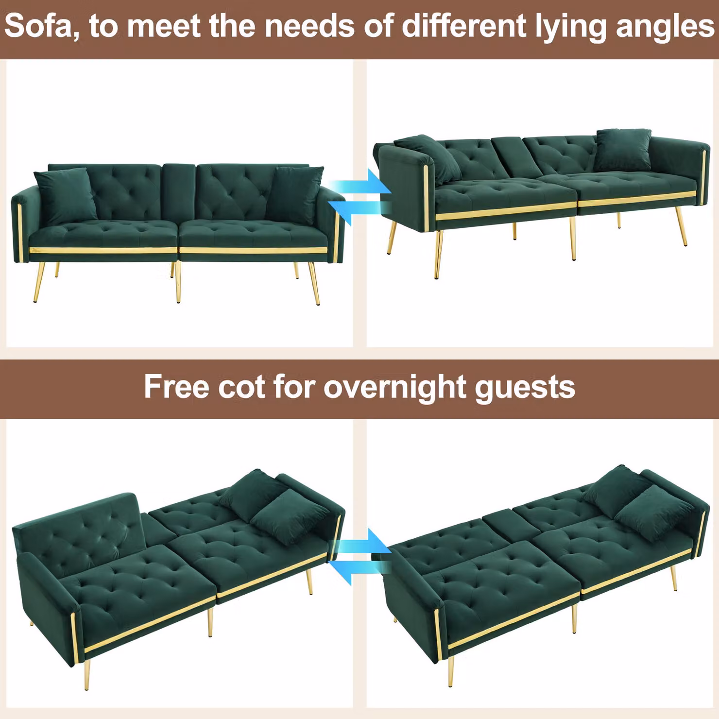 Aosom UK Green Velvet Two-Seater Convertible Sofa Bed with Adjustable Backrest and Cup Holders, W/D/H: 174 x 76 x 71.5 cm – 4