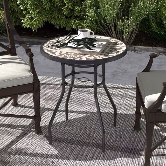 Outsunny Mediterranean Floral Garden Table with Glossy Glass Top in Tan Brown