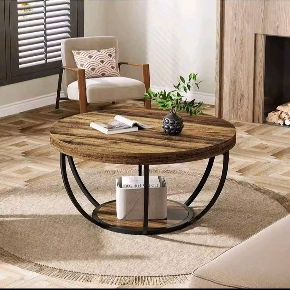 KORVIXA Round 2-Tier Wooden Coffee Table in Brown, Diameter: 100 cm – 4