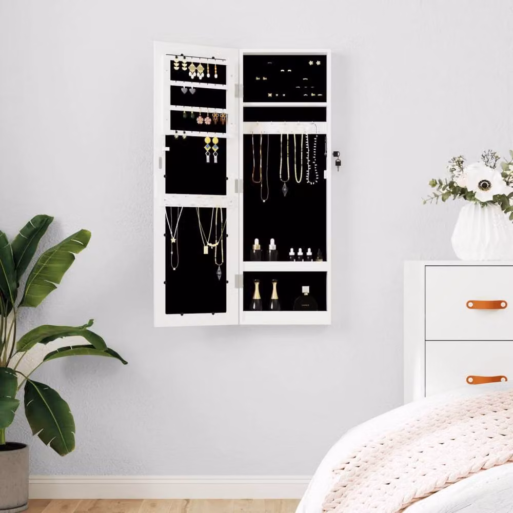 Berkfield Home Wall Mounted Mirror Jewellery Cabinet in White, W: 30 cm, D: 8.5 cm, H: 90 cm – 2