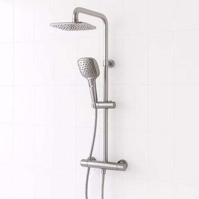 Bathroom Kingdom Menai Premium Chrome Square Thermostatic Shower Set with Rain Overhead Shower, Hand Shower and Wall Bar in Silver