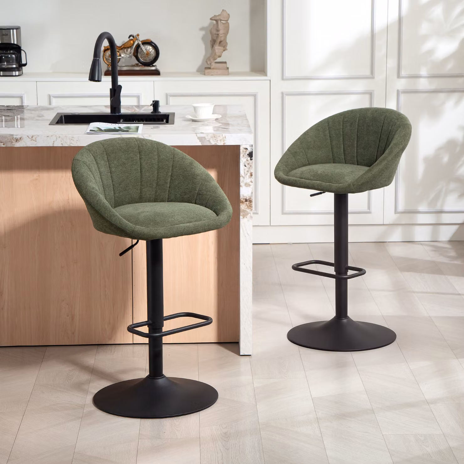 HOMCOM Set of Two Modern 360 Degree Swivel Tub Bar Stools in Green Fabric with Metal Legs – 2