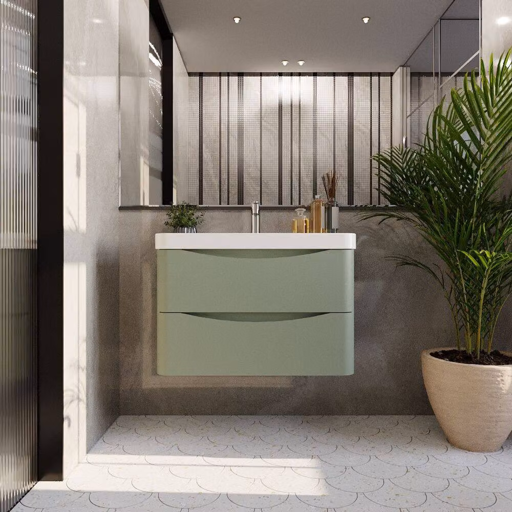 Balterley Modern Wall Hung 2 Drawer Bathroom Vanity with Ceramic Basin, Green, W: 80 cm – 2