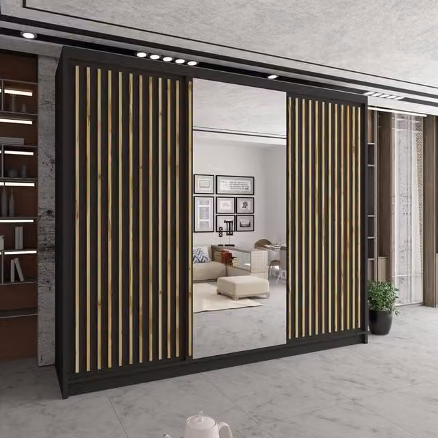 Sliding Wardrobes 4U Sleek Black Mirror Sliding Wardrobe with LED Lighting W250 x H217 cm