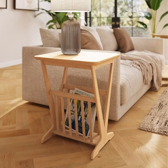 FWStyle Modern Ash Magazine Rack with Table in Natural Wood Finish