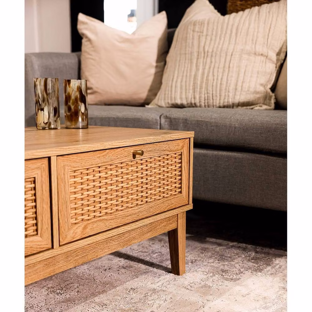 Lemon Pavilion Furniture Bordeaux Coffee Table in Brown Oak with Rattan Details, W: 110.2 cm, D: 50 cm, H: 43.2 cm – 5
