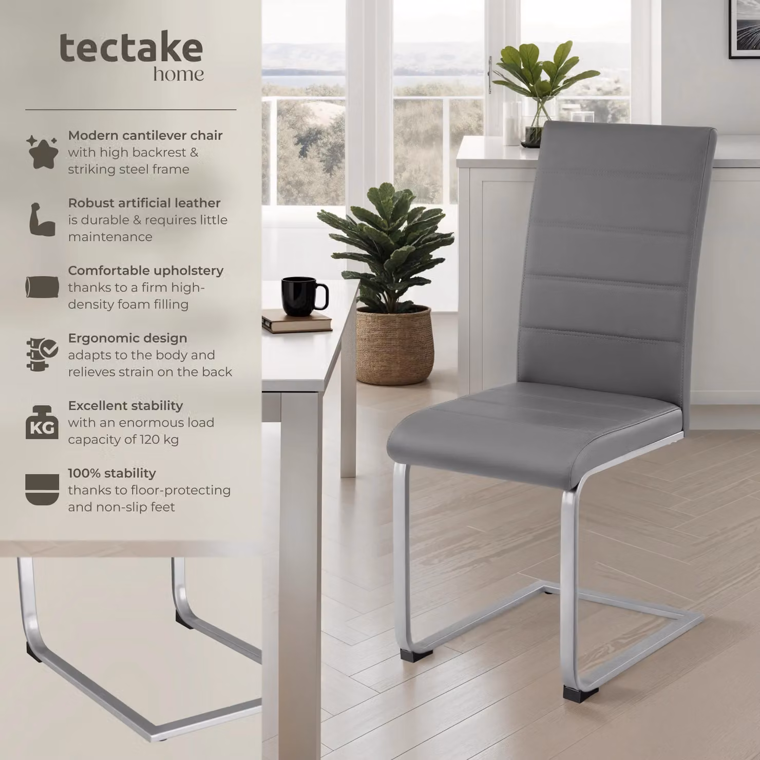 tectake Bettina Set of 2 Modern Dining Chairs in Grey Synthetic Leather with Metal Cantilever Base – 2
