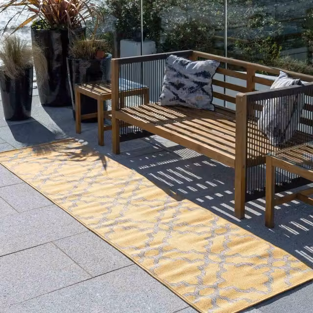 The Rug House Geometric Trellis Flatweave Indoor Outdoor Rug, Yellow, W: 240 cm, D: 60 cm