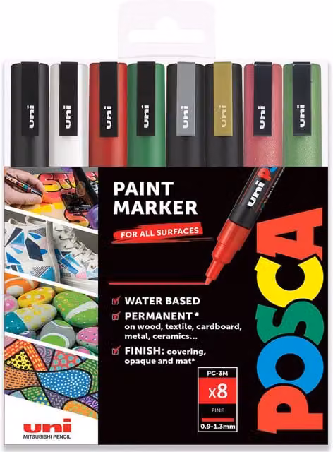 Posca PC-3M Paint Marker Set with 8 Multicolour and Gold Permanent Pigment Art Pens featuring Bullet Nibs