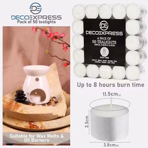 Deco Express Unscented White Tealight Candles, 8 Hour Burn Time, Pack of 50 – 5