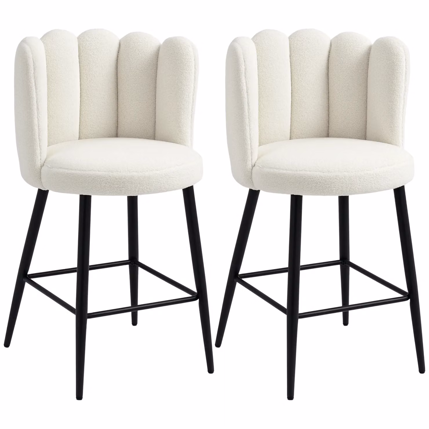 HOMCOM Set of 2 Modern Boucle Shell Bar Stools with Metal Base in Cream – 2
