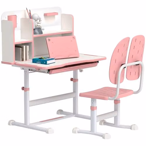 AIYAPLAY Height Adjustable Kids Desk and Chair Set with Tilting Desktop and Drawer, Pink – 1