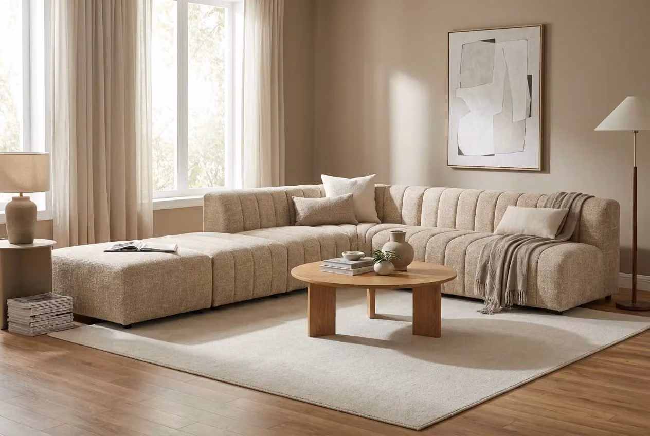 Araco Atelier Leo L-Shape Corner Sofa in Beige Fabric with Scatter Cushions