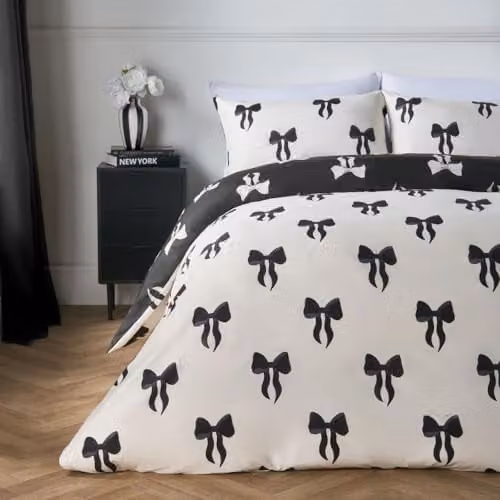 OHS Reversible Bow Printed Microfibre Single Bedding Set with Duvet Cover and Pillowcase, White and Black, W/D/H: 135 x 200 cm