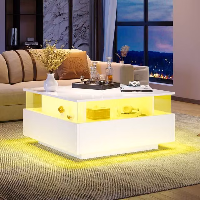 STILVORA Square Coffee Table with 2 Drawers and LED Lighting in White