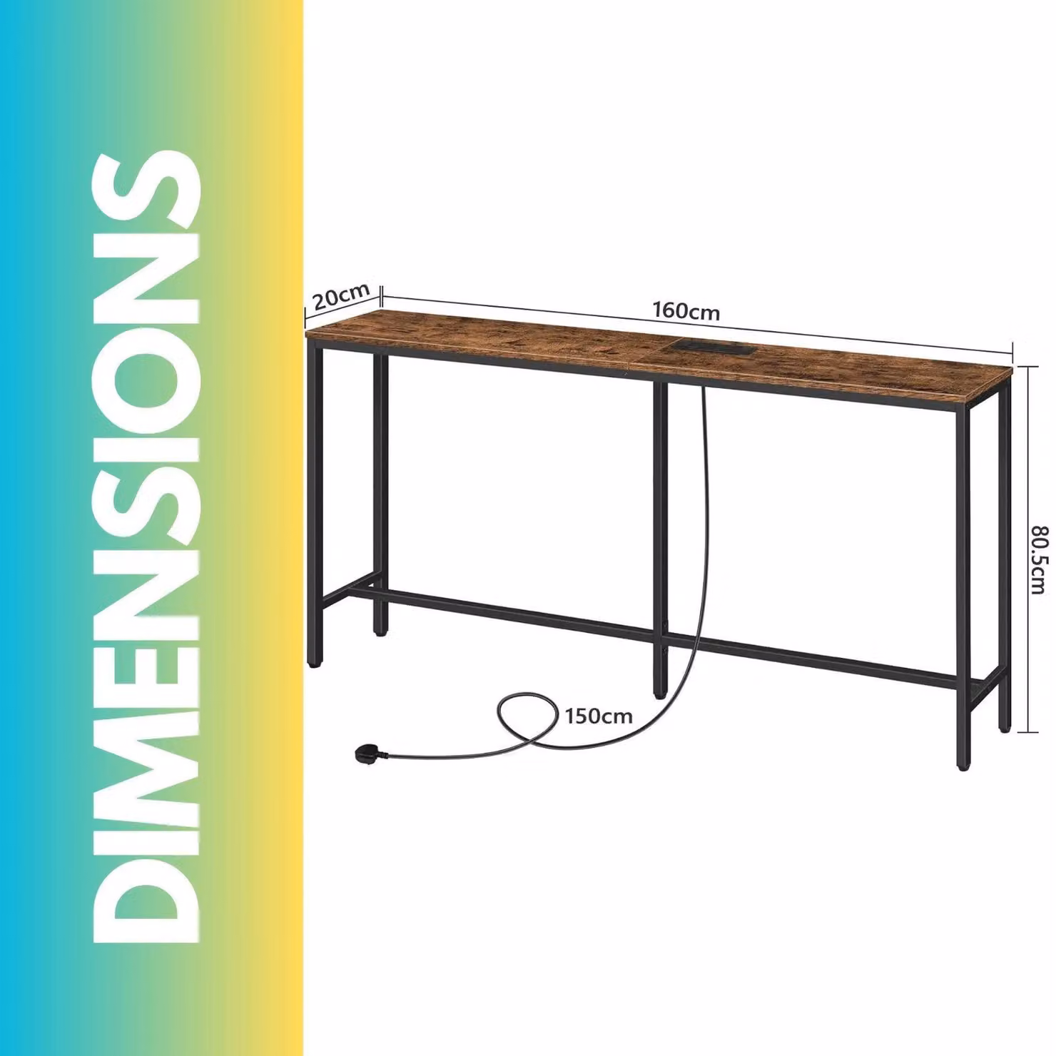 Pirlo Plush Industrial Console Table with Charging Station, Rustic Brown, W: 160 cm, H: 80.5 cm, D: 20 cm – 3