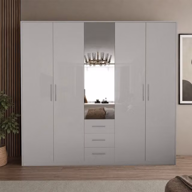 Swindon Modern 5 Door Wardrobe in Gloss and Matt White, Width: 200 cm
