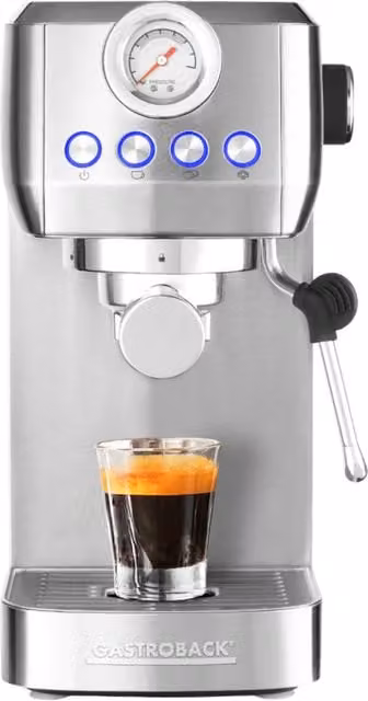 Gastroback Design Espresso Piccolo Pro Thermoblock Espresso Machine with Steam Wand and ESE Pod Compatibility in Silver