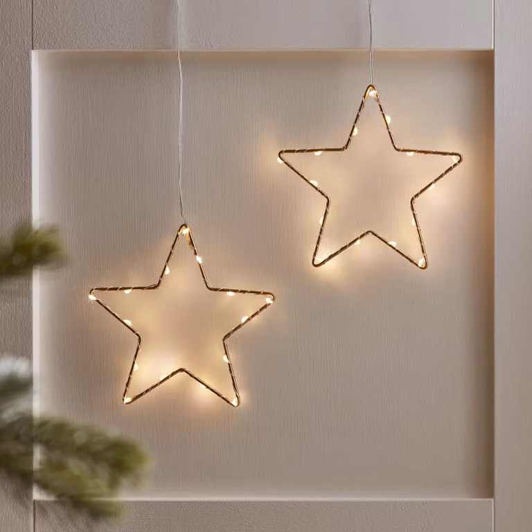 Lights4fun Set of 2 Gold Osby Metal Hanging Star Christmas Decorations with Warm White LEDs, 15 cm