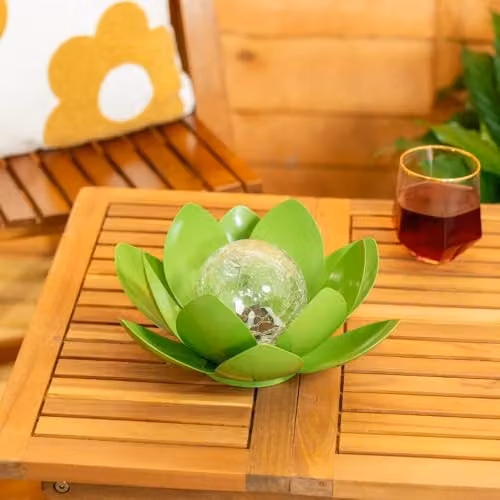 ValueLights Solar Powered Outdoor Lotus Flower Garden Light, Green Metal – 2