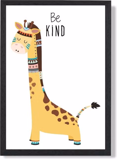 ARTZE Be Kind Giraffe Tribal Animal Quote Framed Print in Yellow and Black – 1