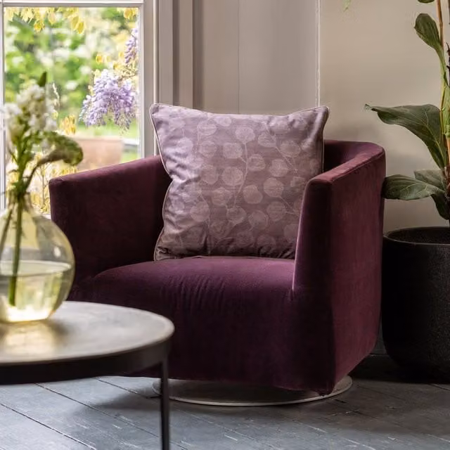 Linda Barker Ursulas Vine Piped Filled Velvet Cushion in Pink and Purple, W/D/H: 50 x 50 x 50 cm