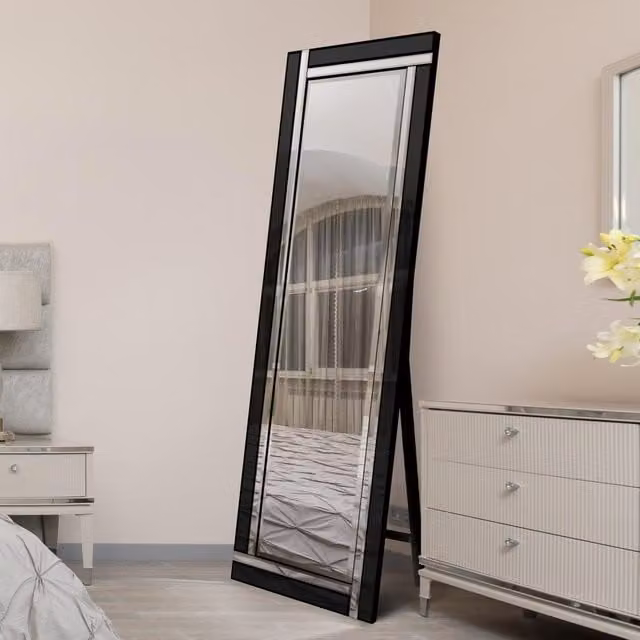 MirrorOutlet Black Double Bevel Rectangular Free Standing Mirror, H 170 cm x W 58 cm x D 1 cm