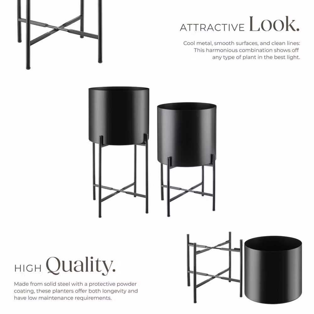 tectake Kalmar Set of 2 Modern Round Black Steel Plant Stands – 3