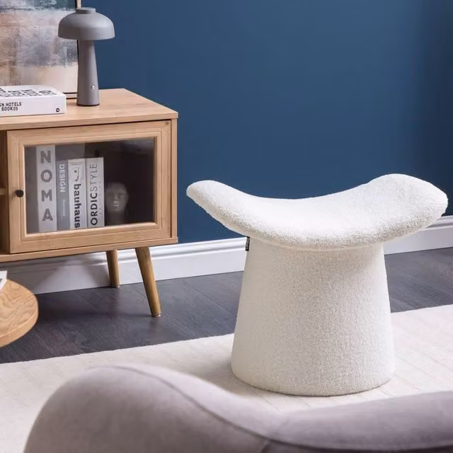 Wyld and Coco Off-White Bouclé Teddy Pouffe Footstool in White