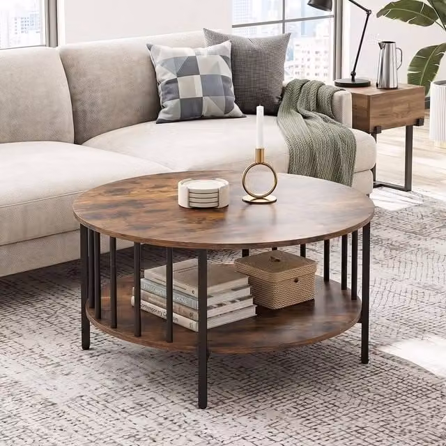 KORVIXA Round 2-Tier Center Table with Open Storage Shelf in Brown, W/D: 100 x 100 cm – 1