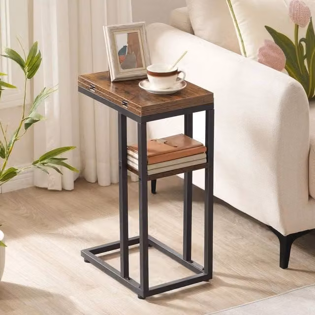 FORGEVIO C Shaped Foldable Side Table with Rustic Brown and Black Metal Finish – 1
