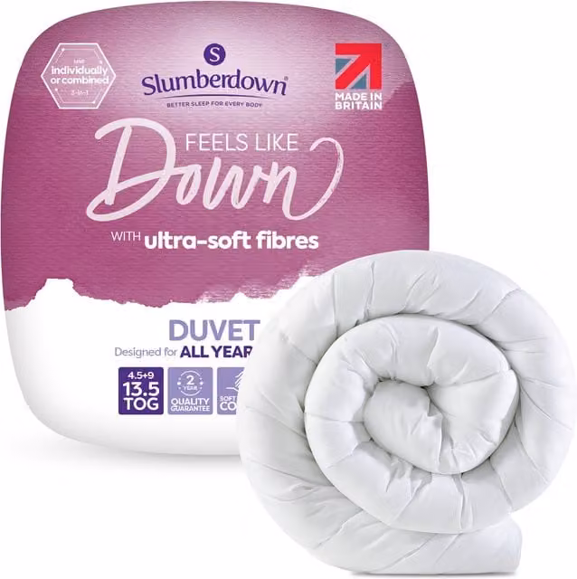 Slumberdown Feels Like Down 13.5 Tog All Season Duvet, White, Single