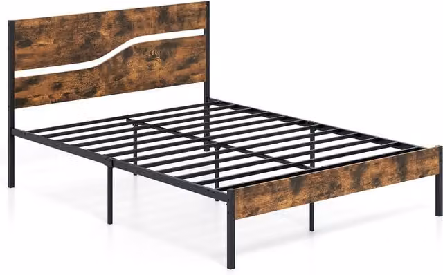 Costway King Metal Industrial Platform Bed with Brown Wooden Headboard, 180 x 200 cm – 1