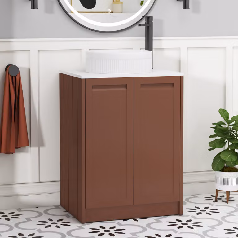 Royal Bathrooms Elmore 600mm Terracotta Clay Floor Standing 2 Door Vanity Unit with White Worktop and Round Basin